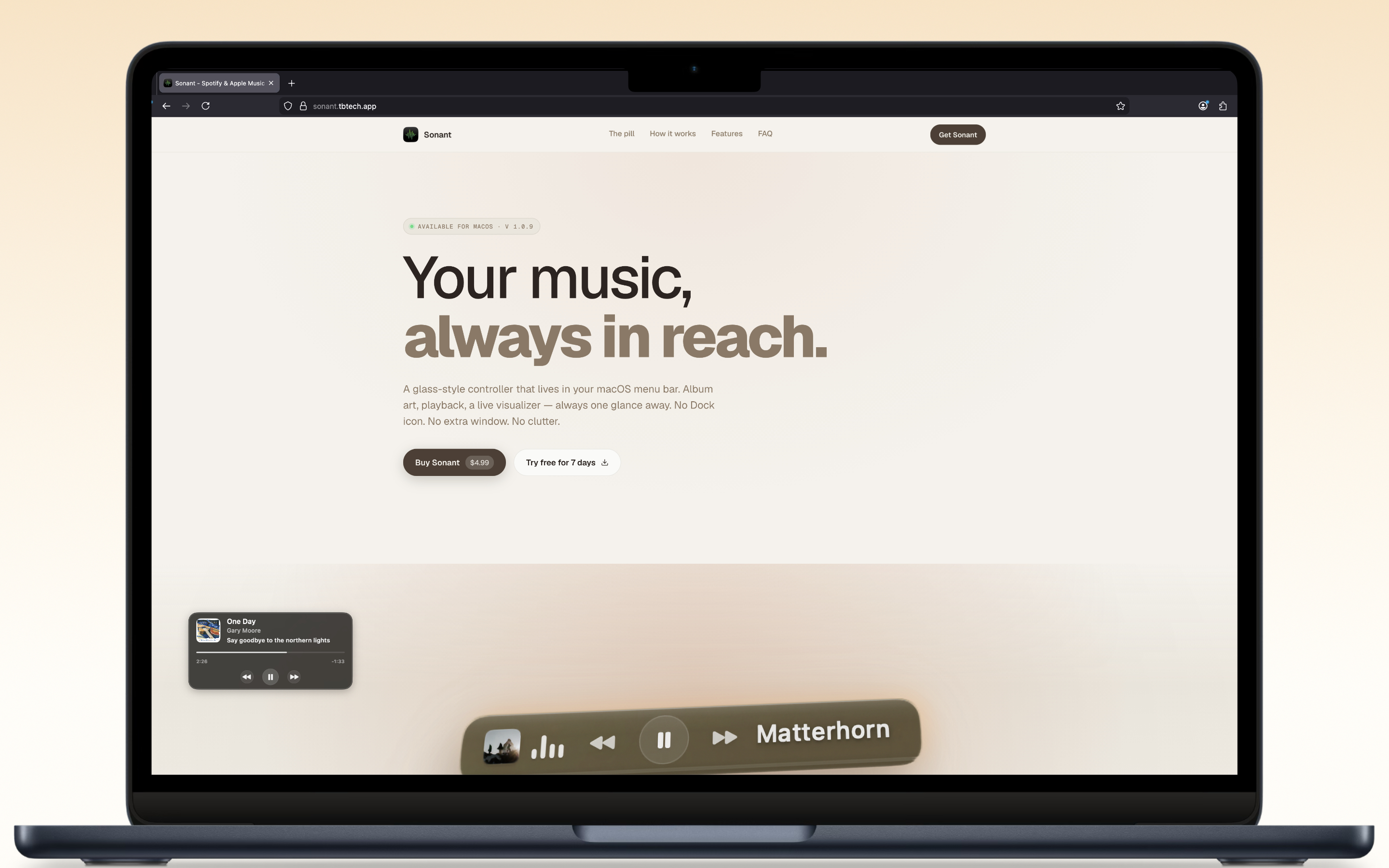 Sonant widget hovering over a real Mac desktop, mid-workflow