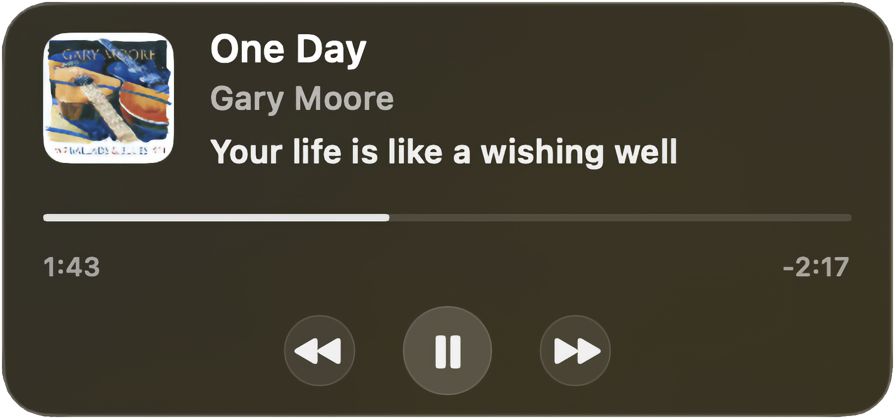 Sonant widget — a floating Liquid Glass panel showing album art, track title, artist, progress bar, and transport controls